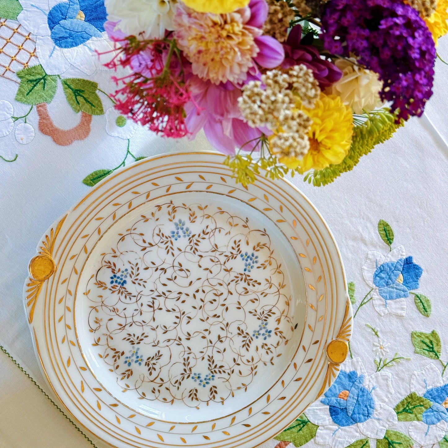 Hand-painted Cake Platter with Gold and Blue Decoration