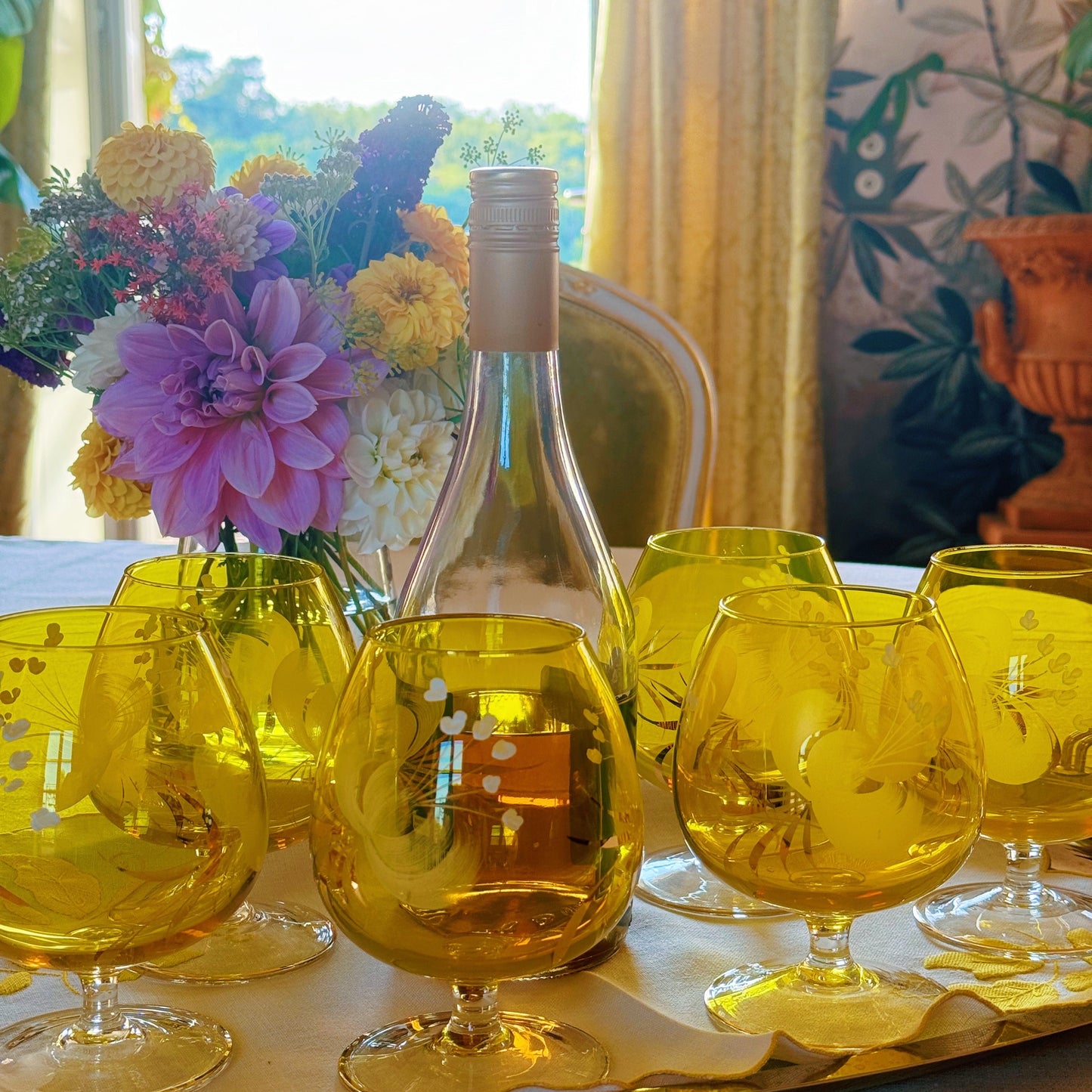 A Set of Six Yellow Hand-painted Brandy Glasses