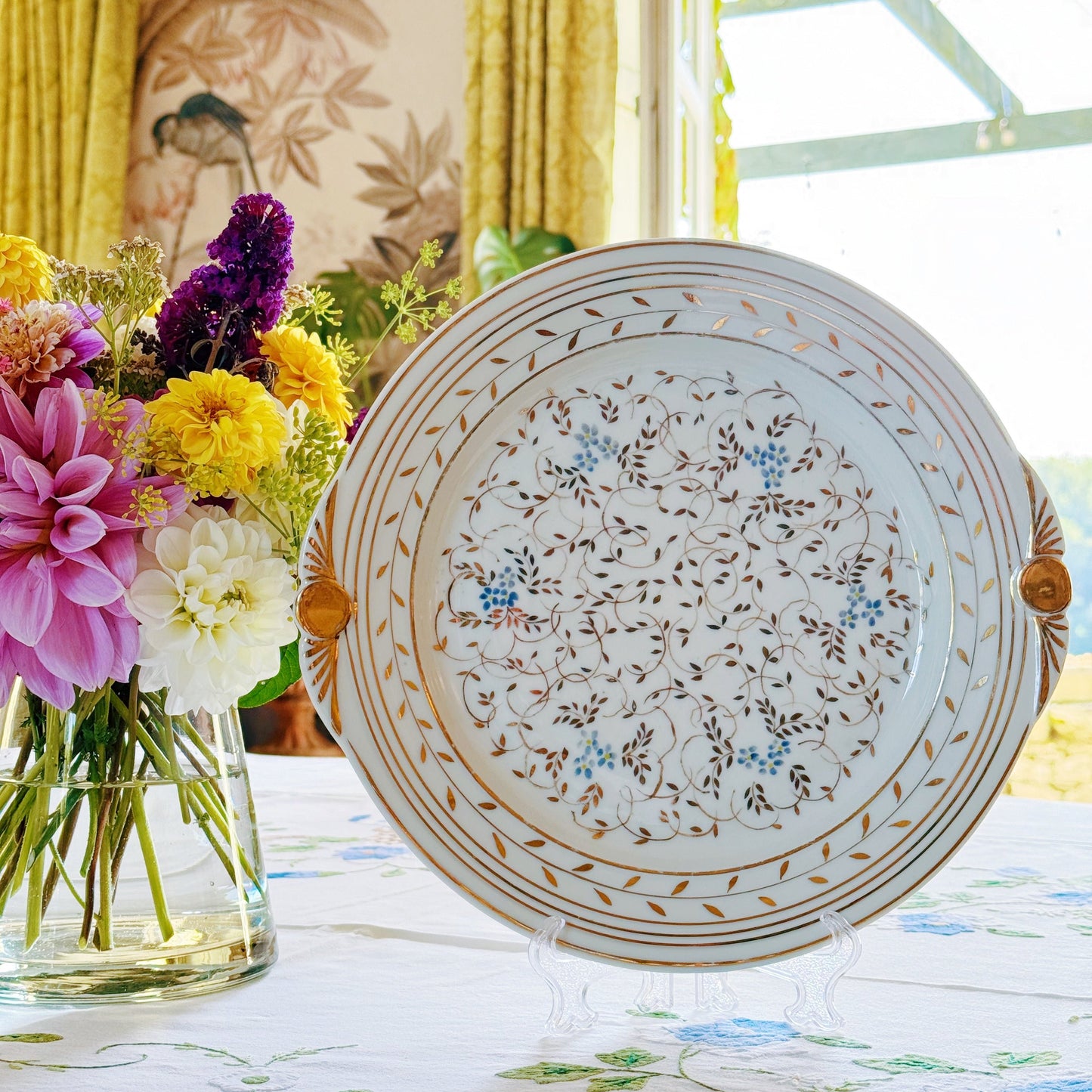 Hand-painted Cake Platter with Gold and Blue Decoration