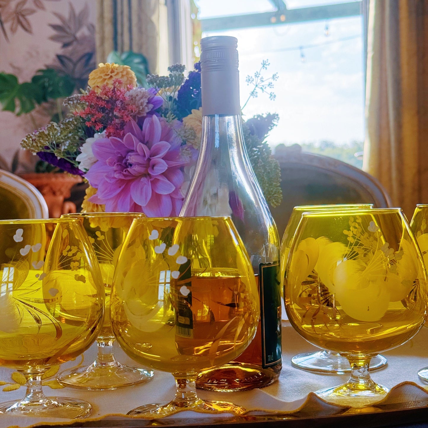 A Set of Six Yellow Hand-painted Brandy Glasses