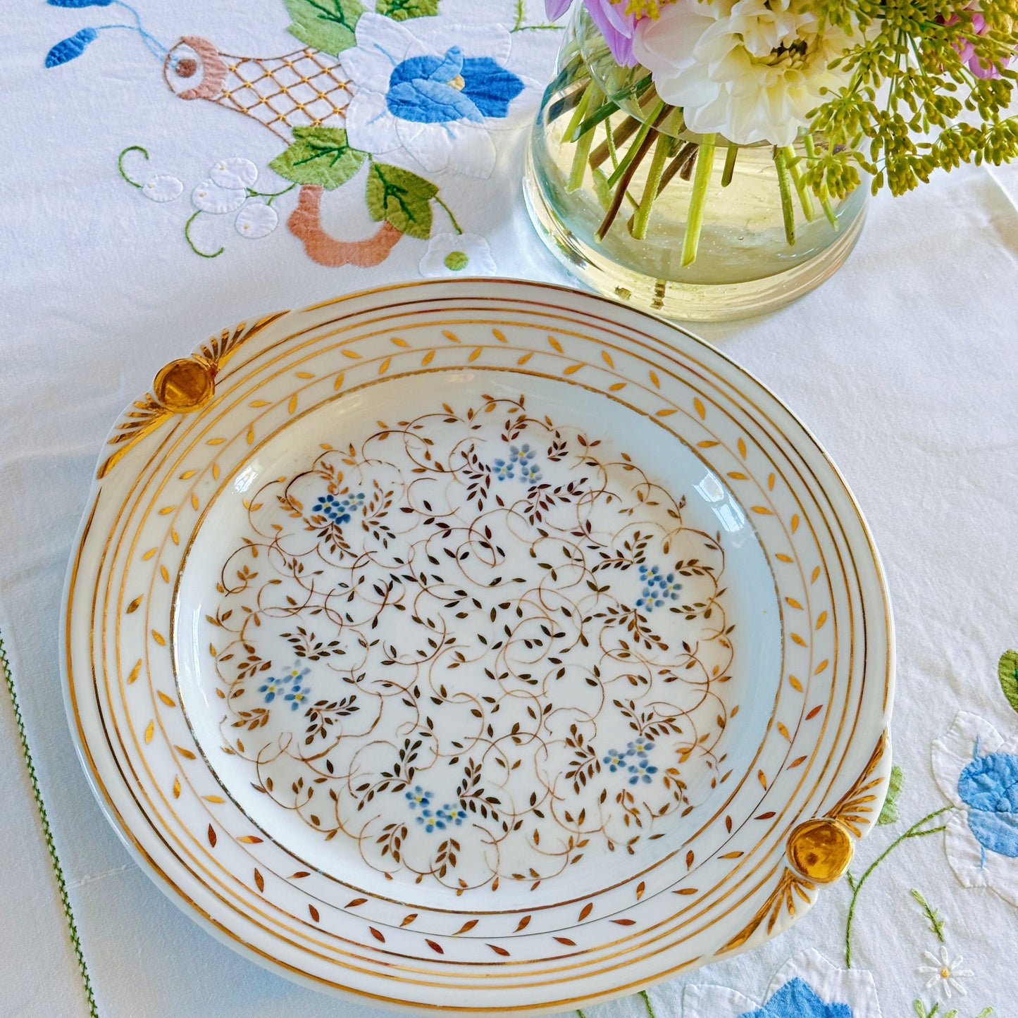 Hand-painted Cake Platter with Gold and Blue Decoration