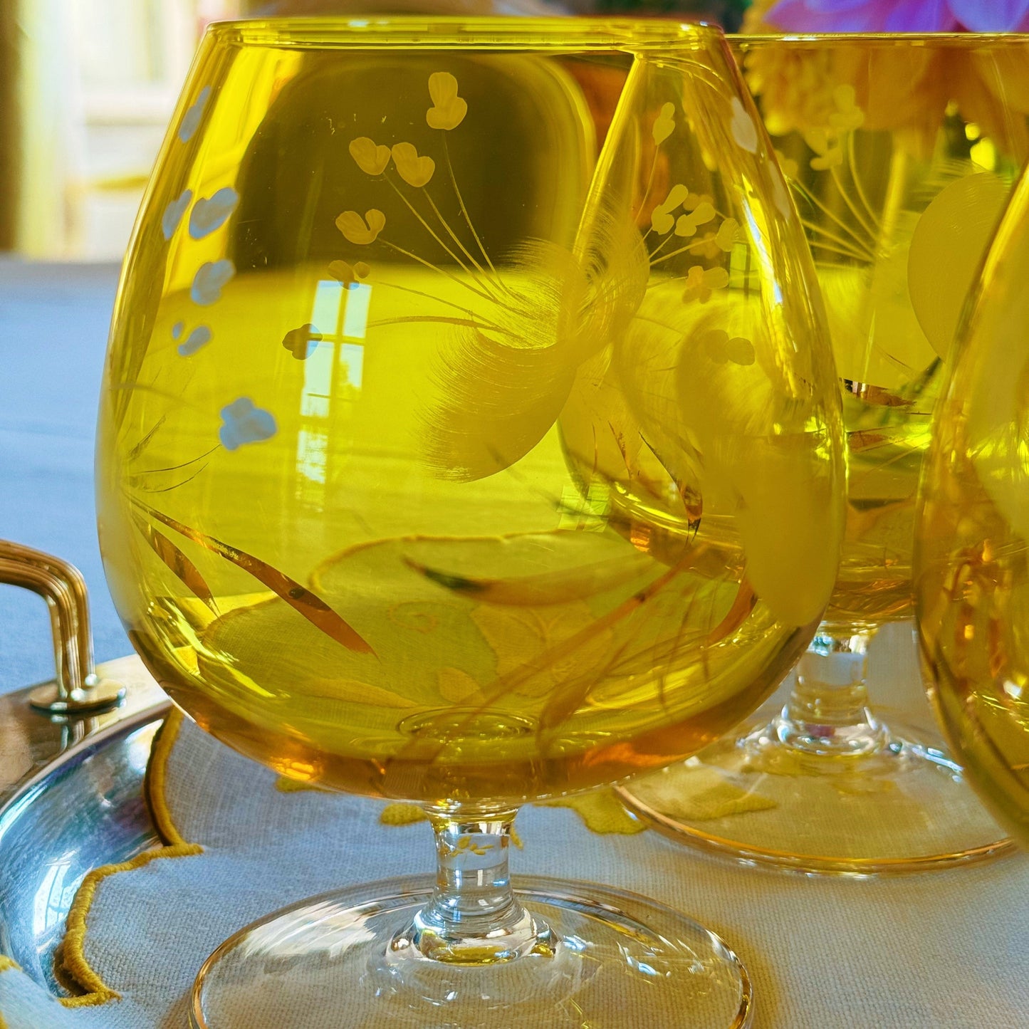 A Set of Six Yellow Hand-painted Brandy Glasses