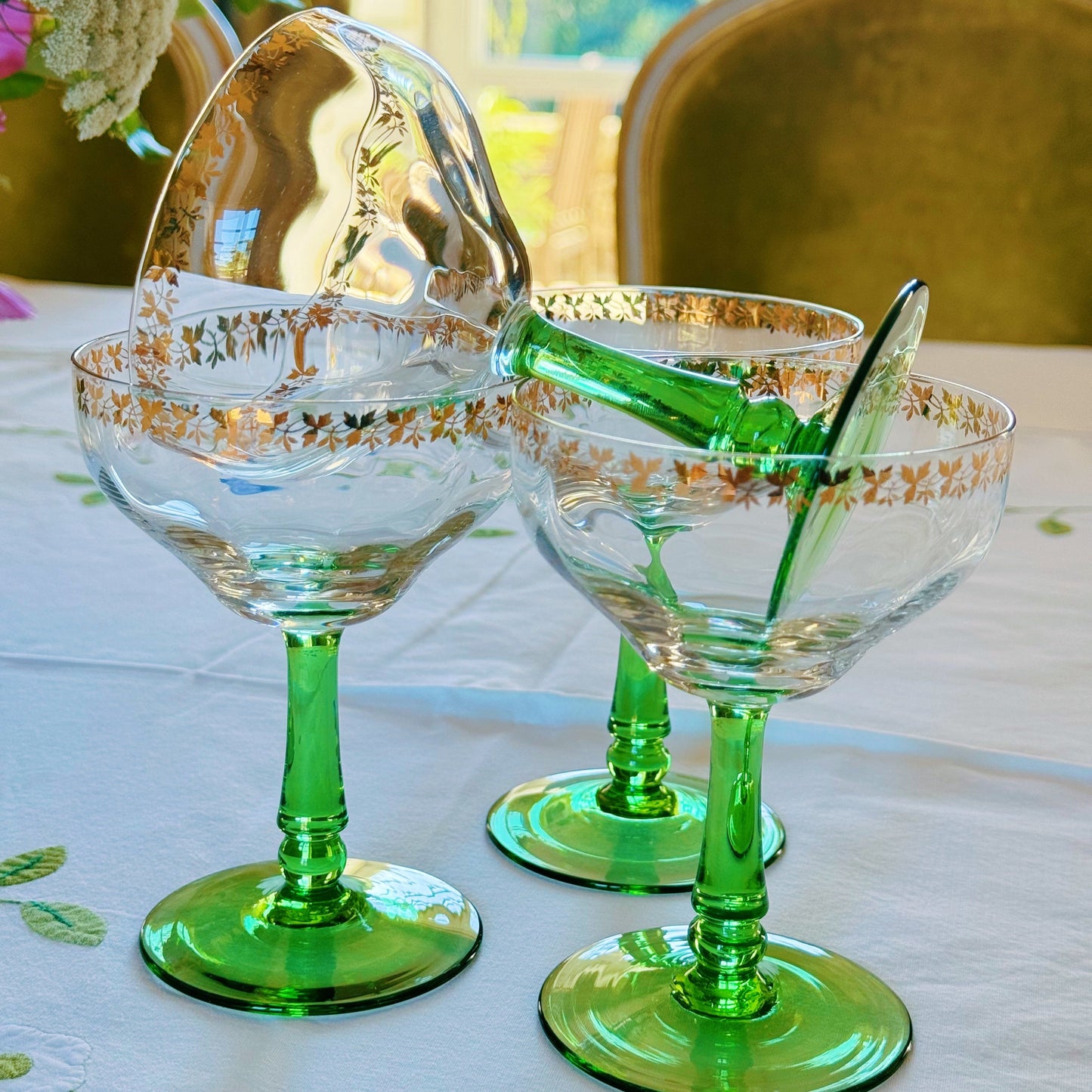 Four Green & Clear Glass Champagne Coupes