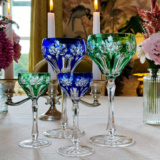 Set of Blue & Green Cut Crystal Glasses for Two