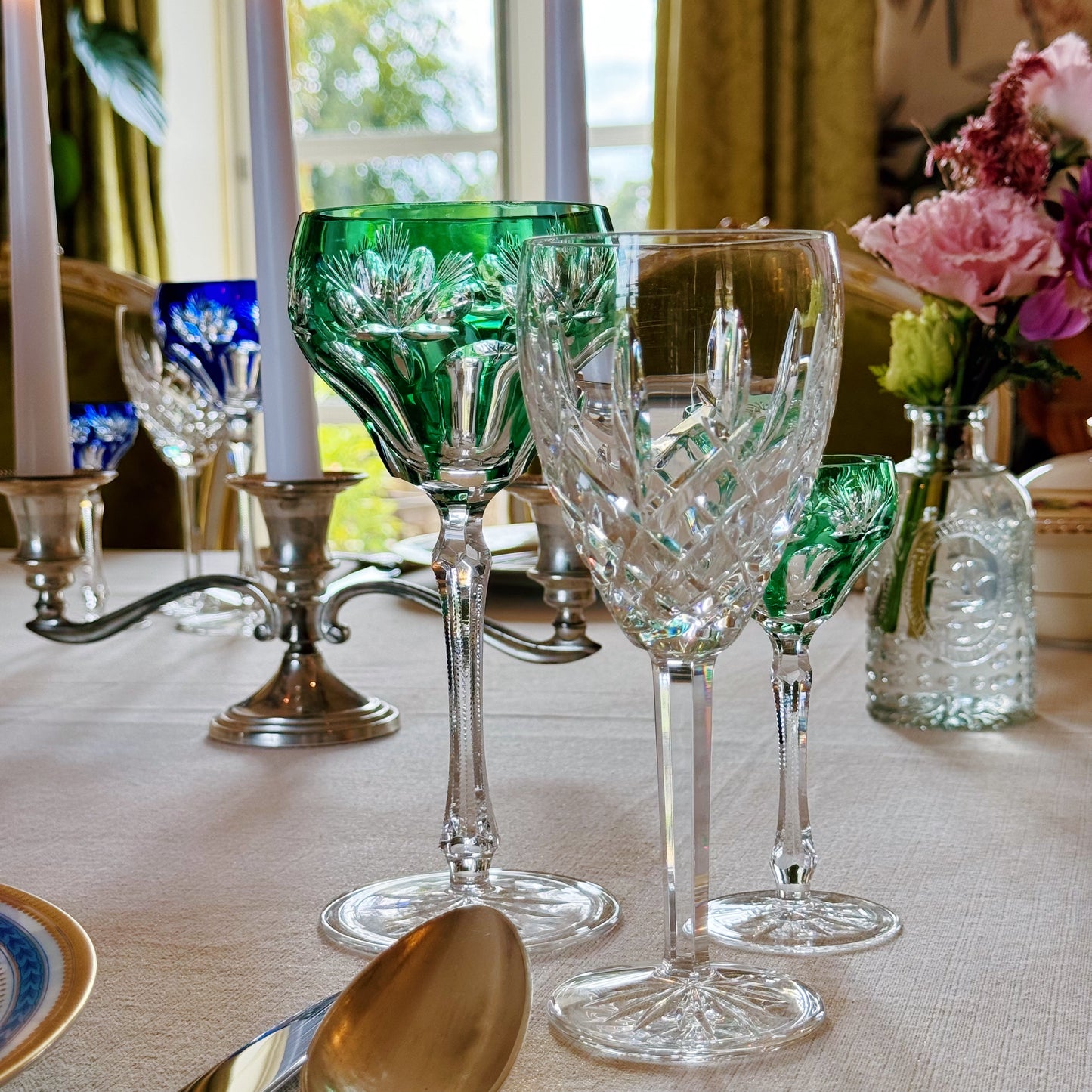 Set of Blue & Green Cut Crystal Glasses for Two