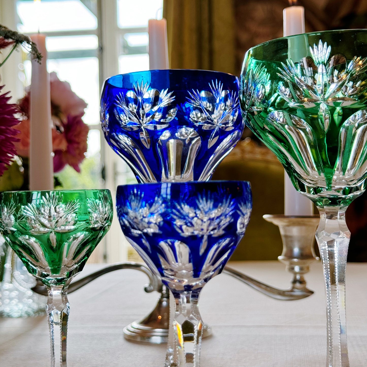 Set of Blue & Green Cut Crystal Glasses for Two