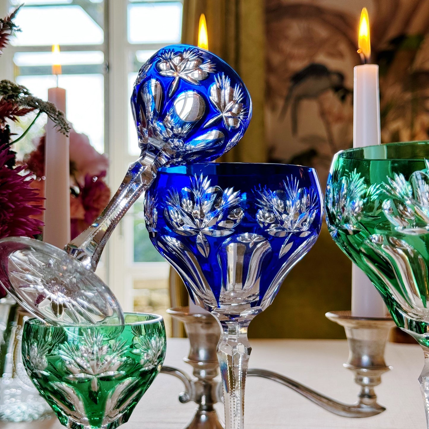 Set of Blue & Green Cut Crystal Glasses for Two