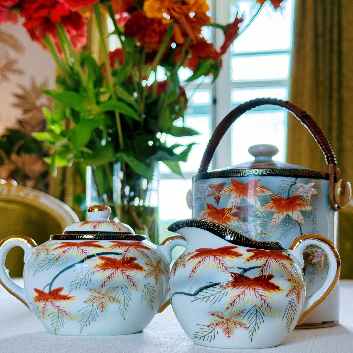 Hand-painted Japanese Milk Jug, Sugar Bowl & Lidded Pot