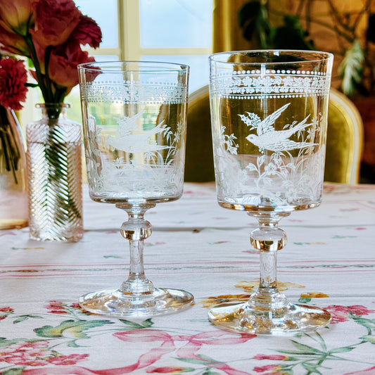 Two Stemmed Glasses Etched with Bird Motif