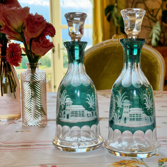 Pair of Small Green & Clear Decanters with Engraved Scene