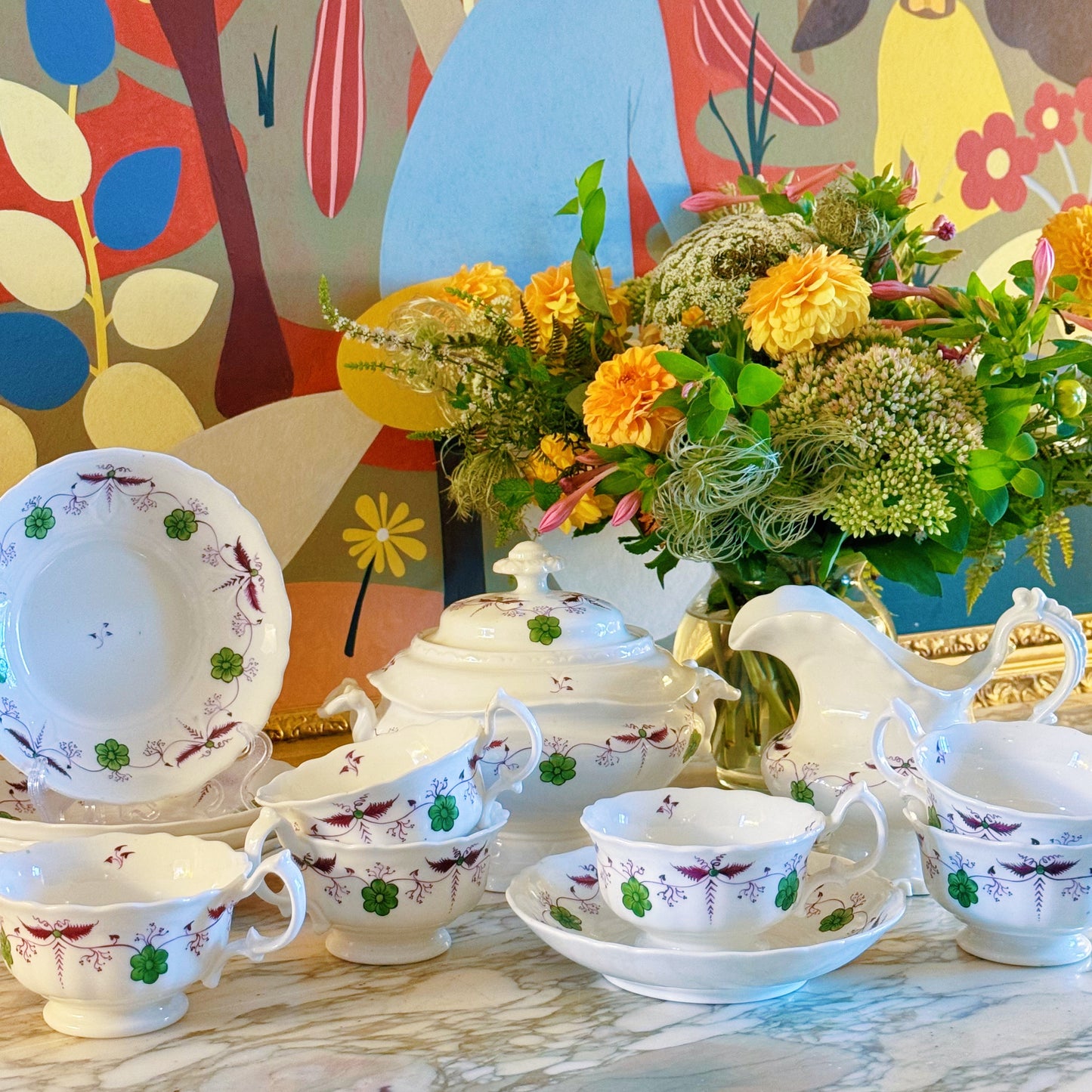 Old French Finely Hand-painted Tea Service for Six