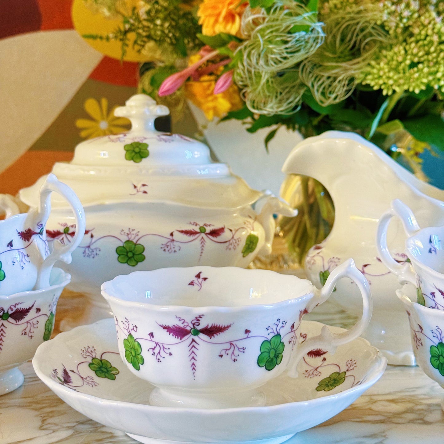 Old French Finely Hand-painted Tea Service for Six