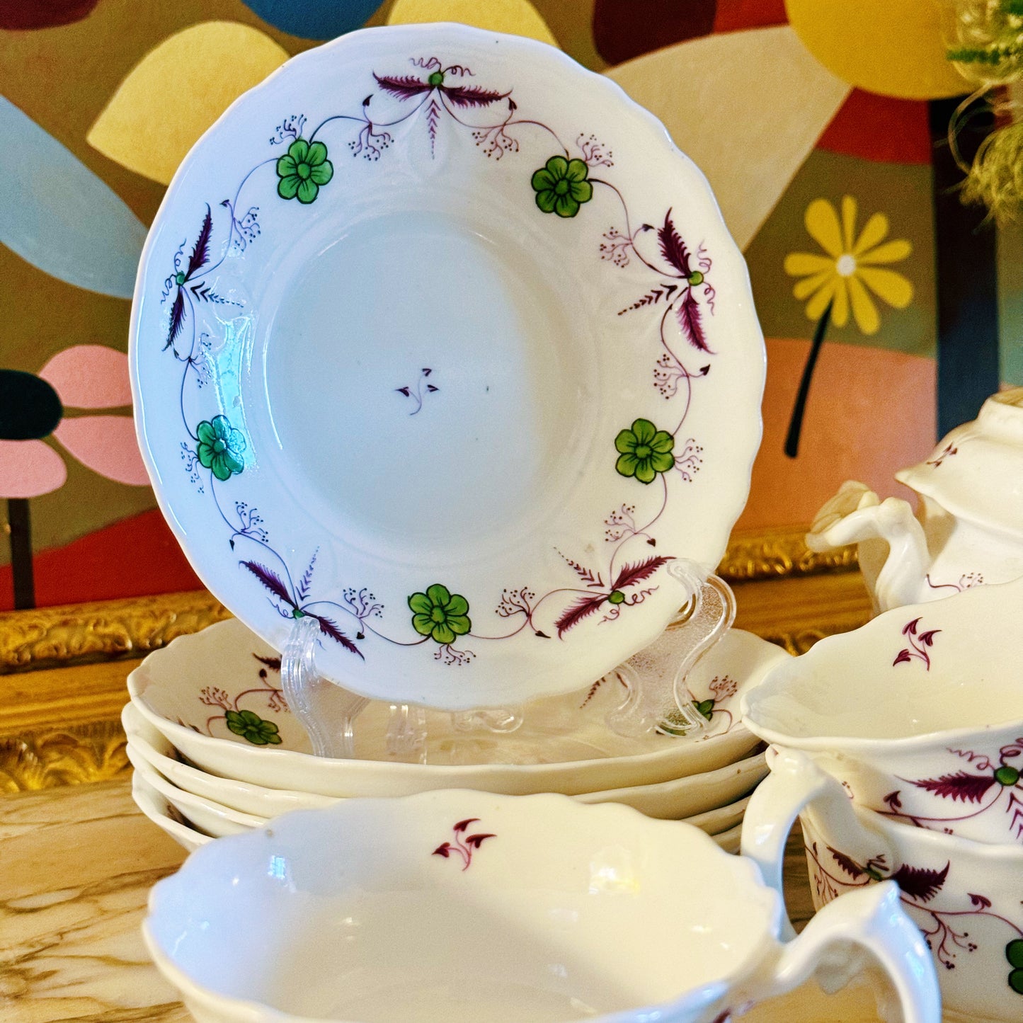 Old French Finely Hand-painted Tea Service for Six